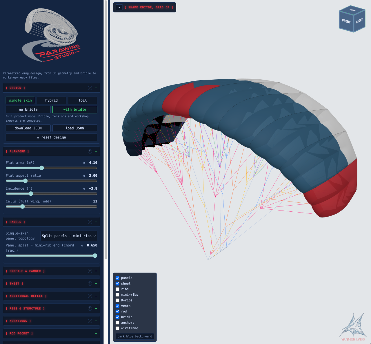Interface de Parawing Studio montrant la géométrie de l’aile, les panneaux de tissu et le bridage à côté des réglages de conception